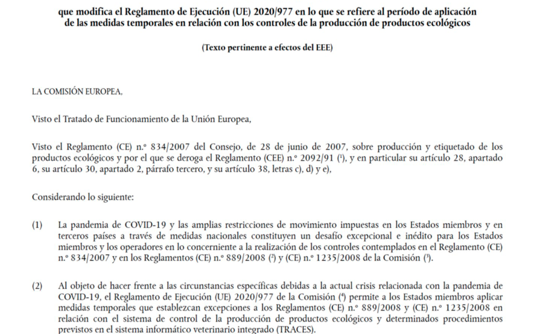 Prórroga hasta el 1 de febrero de 2021 de las excepciones temporales a los Reg. (CE) 889/2008; 1235/2008 y TRACES